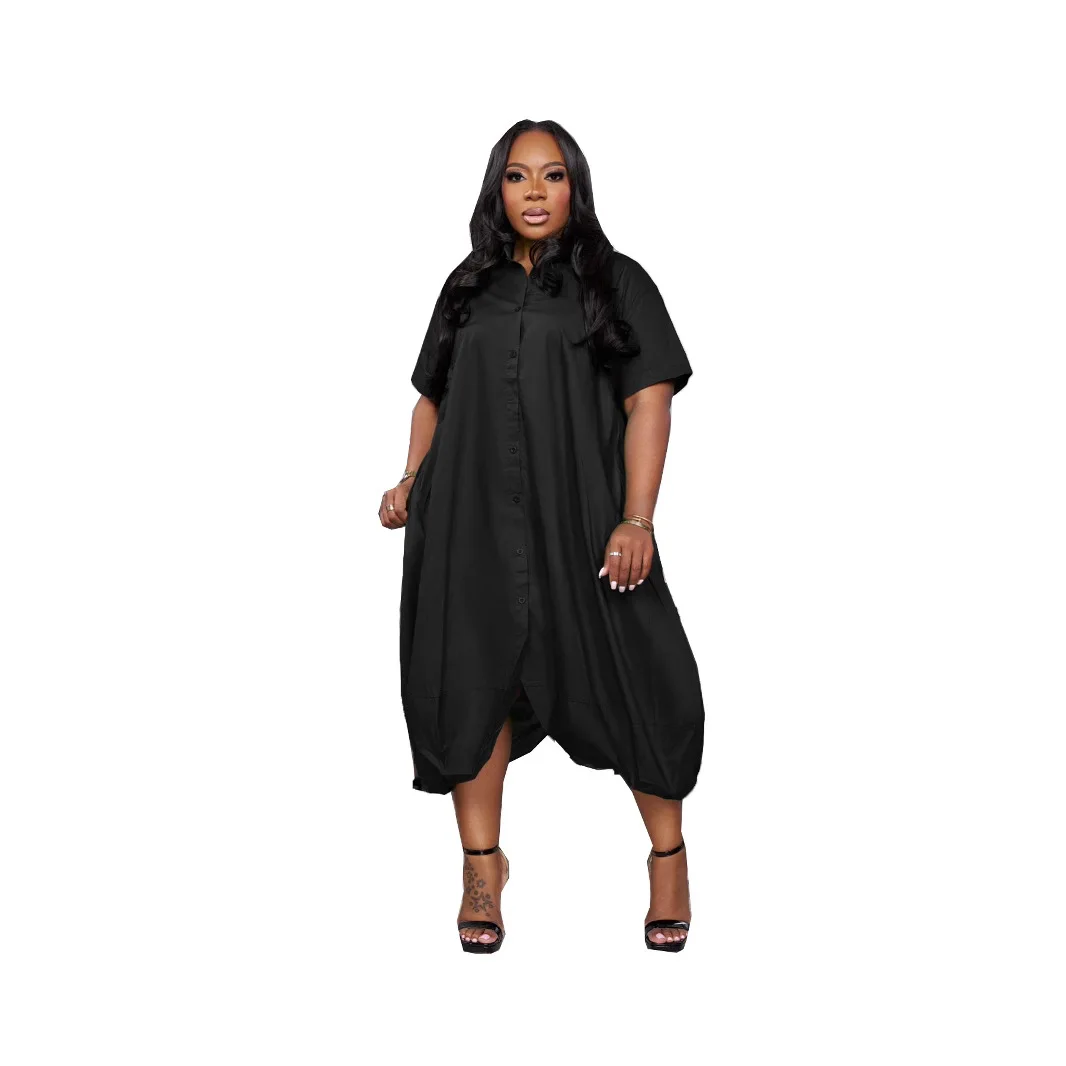 TW650 plus Size Solid Color Cardigan Dress Summer European American Style Loose Fit Short-Sleeved Fashion Commute Dress