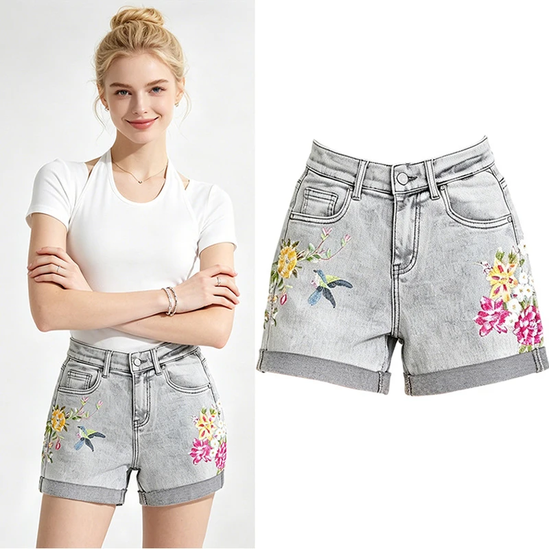 

3D Heavy Embroidery Flowers Jean Shorts Women Ethnic Design Stretch Denim Short Pants Y2k Cowgirl Trendy Kawaii Clothing Street