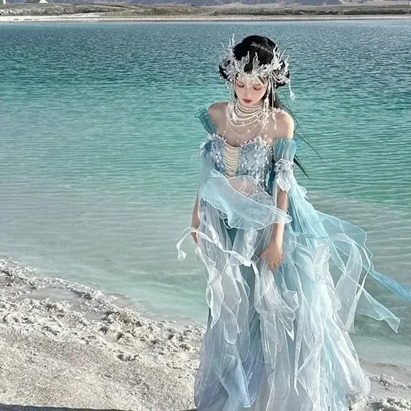 

2025 New original Hanfu dress exotic mermaid princess gradual print embroidery Chinese elements fairy cosplay costume set HOT