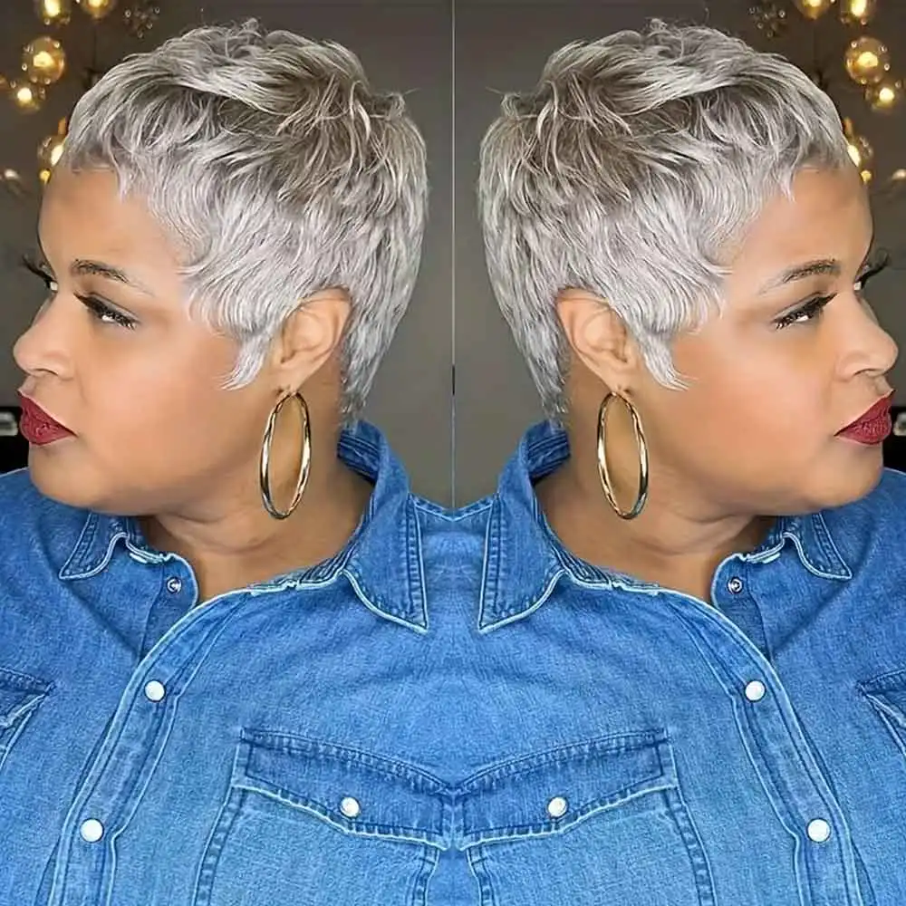 

grey Pixie cut Curly Machine Make Wigs 100% Remy Human Hair For Women