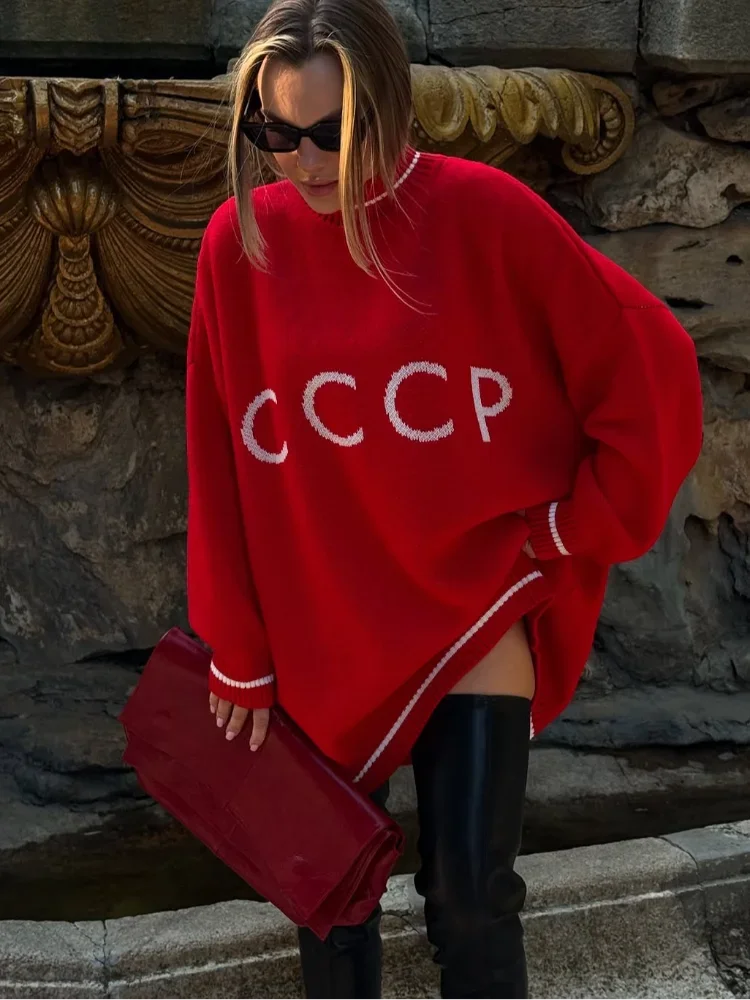 

Women Loose Red Printed Sweater Fashion O-neck Long Sleeve Oversized Knitted Pullover Autumn Winter Lady High Street Knitwear