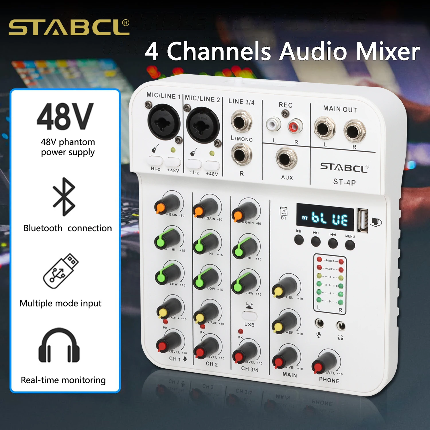 STABCL 4-Channel Audio Mixer Controller Mixing Bluetooth USB Audio Interface Phantom Power For Sound Mixing Console PC Recording