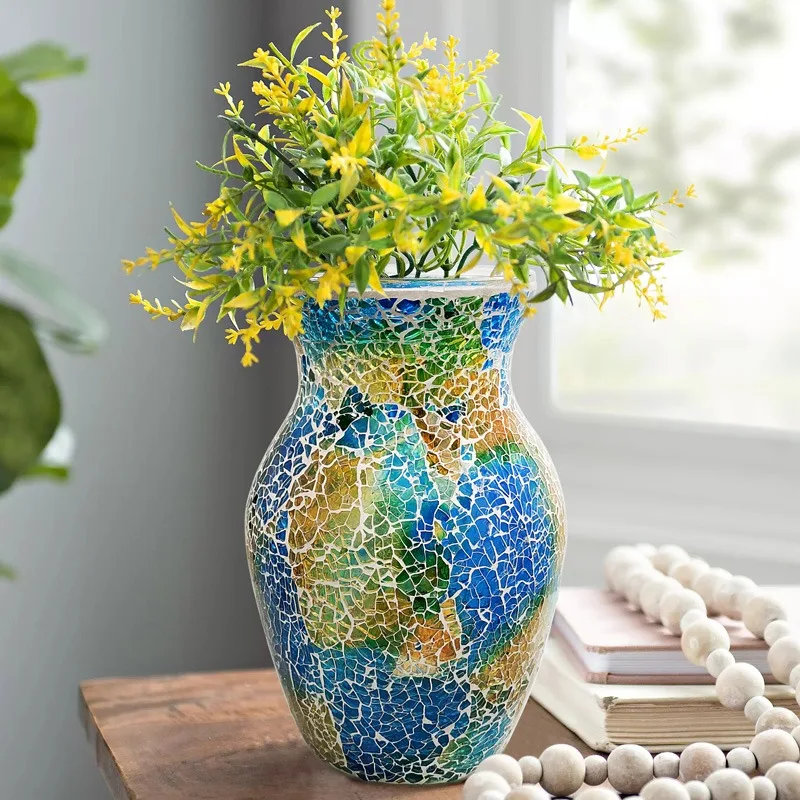 

European Colorful Bohemian Mosaic Glass Vase Hydroponic Systems Flower Pot Wedding Living Room Home Decoration Accessories