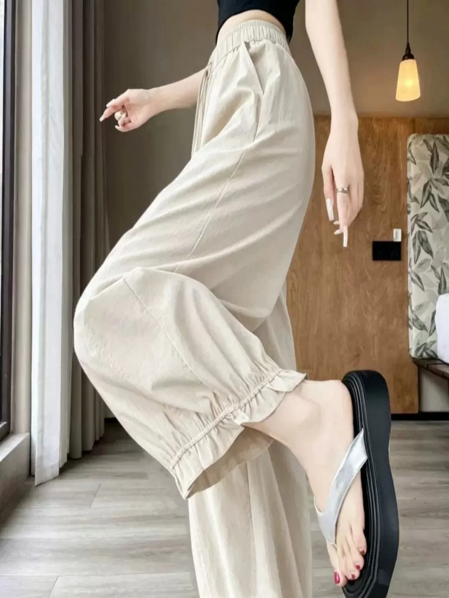 Ice Silk Lantern Pants Women's Summer Thin Nine Points Meat Concealment Fashion Bouffant High Waist Loose Lantern Casual Trou...