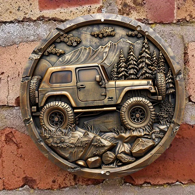 Anti-Rust Round Aluminum Jeep Backyard Scene Sign, UV Resistant and Scratch Resistant, Easy Hanging Door and Wall Decoration