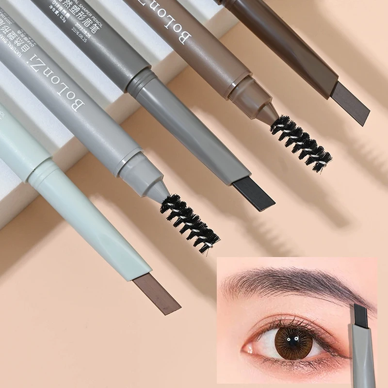 Double Head Eyebrow Natural Smooth Triangular Automatic Brow Pen Waterproof Long-Lasting Black Brown Eyes Brow Pencil with Brush