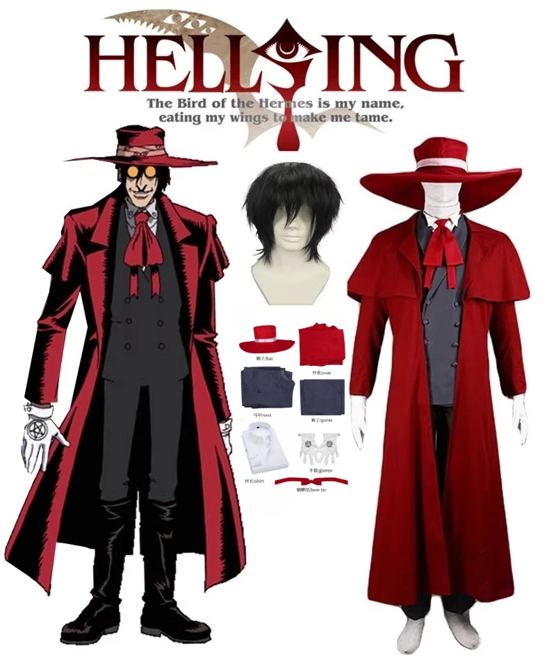 

Hellsing Alucard Cosplay Costume Red Coat Vest Shirt Pants Full Set Anime Vampire Outfit for Cosplay Party Halloween