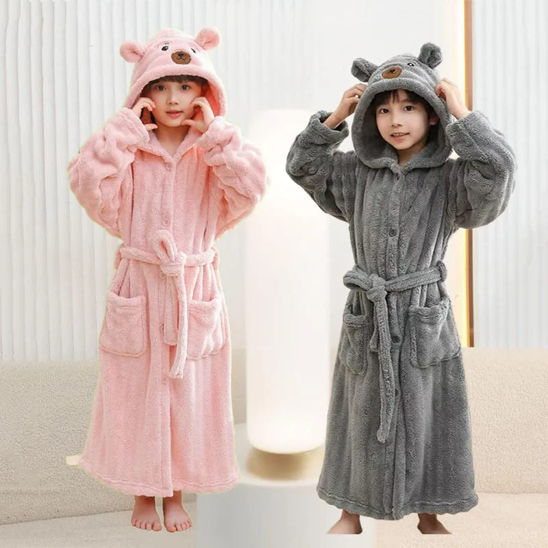 

Осенне-зимние детские халаты с длинными рукавами и капюшоном, фланелевые пижамы с милыми ушками и большими карманами, модная одежда для сна