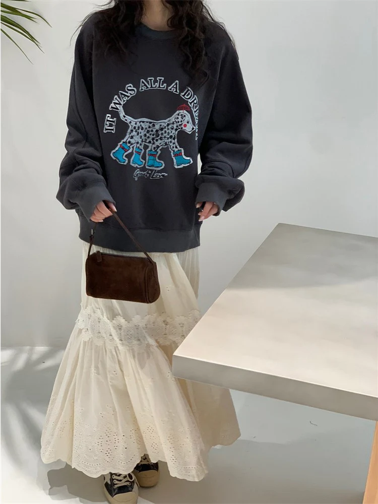 

Женский свитшот Feita Vintage Washed Grey: повседневный, приталенный, с круглым вырезом, осенне-зимний, с мультяшным принтом, свободного кроя, с длинными рукавами