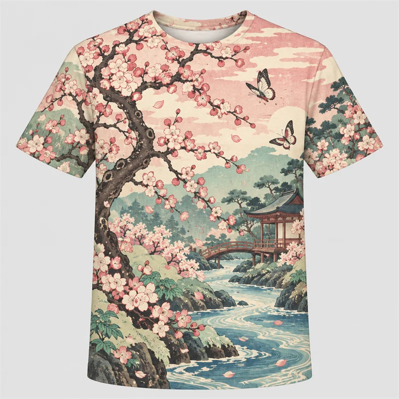 Japanese Ukiyo-e T Shirt Men Moon Crane Cherry Blossom Floral Fan Landscape Short Sleeve Vintage Art Streetwear Casual Top Tee