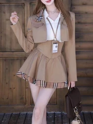 Winter Japanese Preppy Style Brown 3 Piece Sets Women Short Blazer Coat+solid Tops + Plaid Skirt New Fashion Harajuku Suits 2024