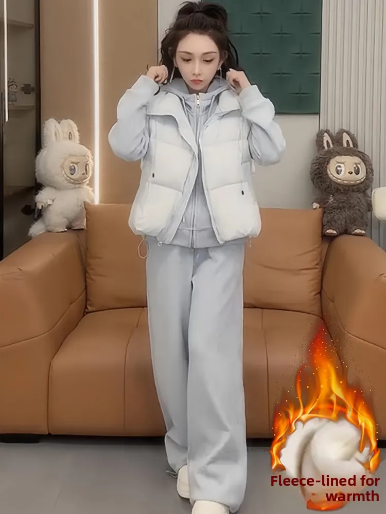 

Женская зимняя толстовка с капюшоном на подкладке, жилет, свободные широкие брюки, комплект из футболки, повседневная удобная застежка-молния с высокой талией