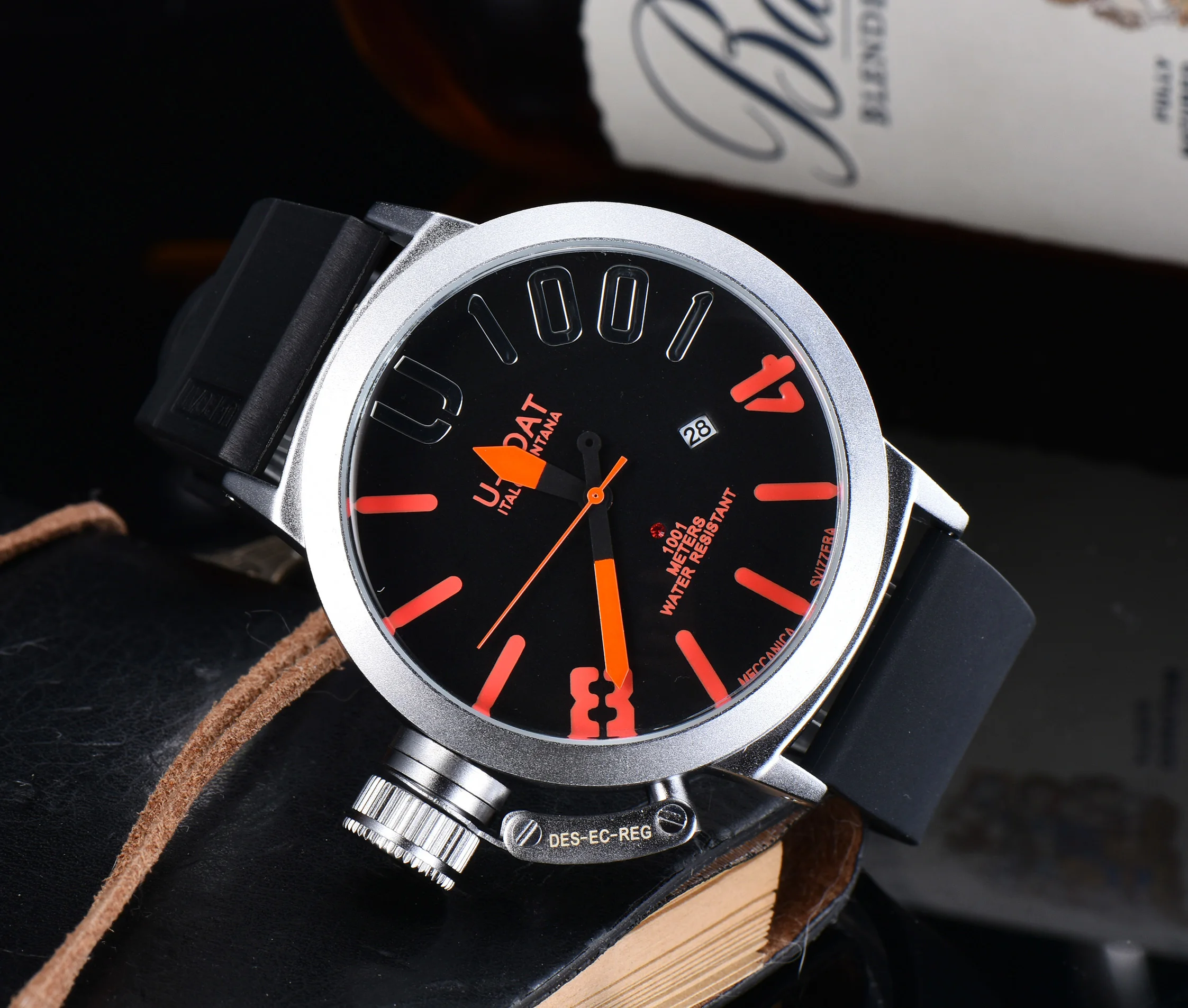 

U-Boat Men's Inspired Quartz Watch Large Dial Orange Hands Luminous Waterproof Stainless Steel Case Rubber Strap Wristwatch