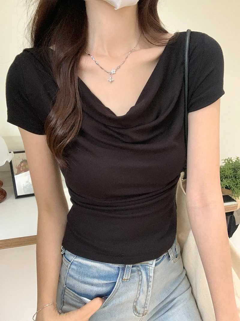 Short Sleeve T-shirt Thin 2024 Summer Irregular Saliva Collar Solid Color Women's Top