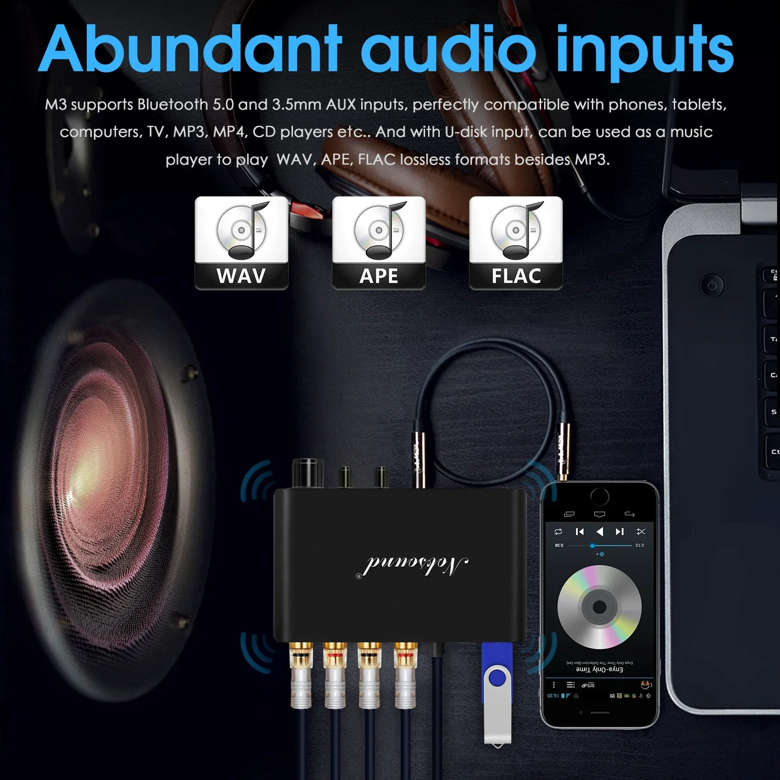 Nobsound-miniamplificador Digital M3 con Bluetooth 5,0, altavoz para el hogar/coche/marino, TPA3116, amplificador clase D de graves, reproductor USB, 50W x 2