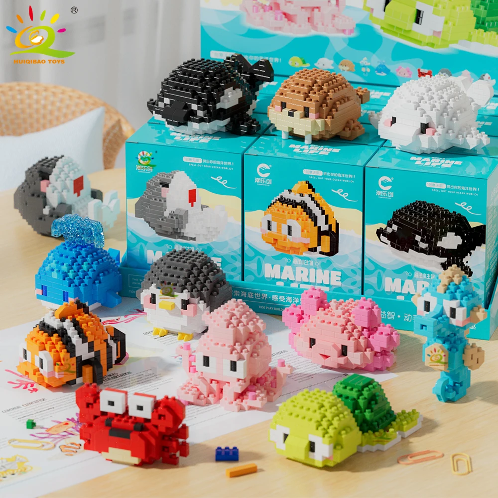 HUIQIBAO Mini Cute Shark Turtle Crab Sealife Animal Micro Building Block 3D Diamond Model Brick DIY City Toys for Children Kids