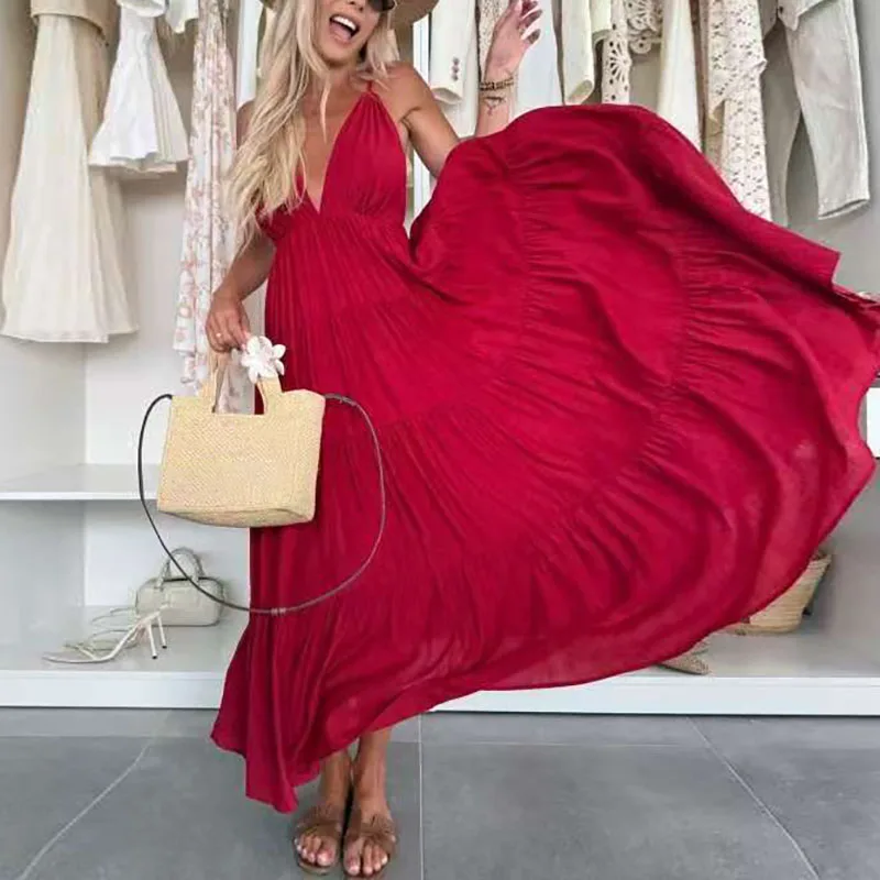 Nuovo abito Boho senza schienale con scollo a V profondo sexy Abito estivo elegante solido scava fuori Abito da festa da donna con fionda a pieghe