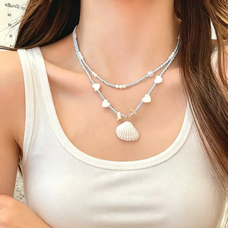 

Summer Beach Shell Beaded Necklace for Women Blue Beaded Layered Clavicle Chain Bohemian Vacation Style Holiday Daily Jewelry