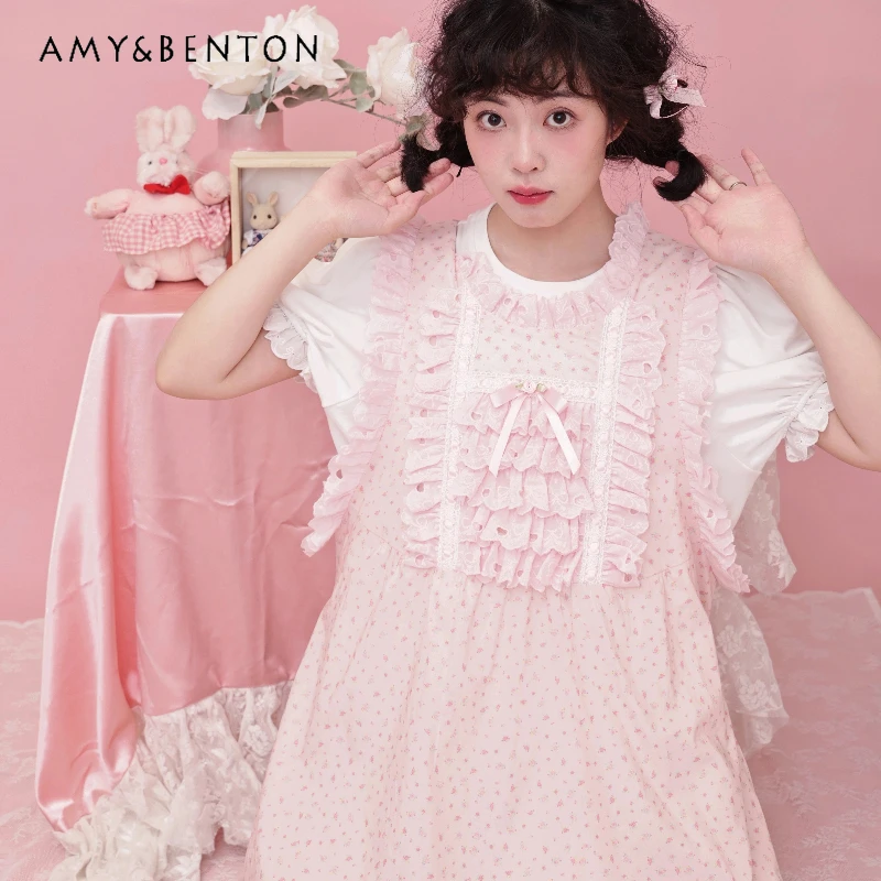 

Vintage Pink Girly Bow Lace Embroidered Women's Vest Dress 2025 Summer New Loose Slimming Versatile Sleeveless Dresses Ladies