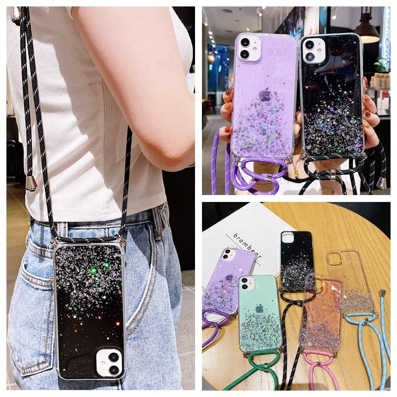 

10x Glitter Bling Case For Huawei P50 P40 Pro Plus P30 P20 P10 Mate 40 30 20 Lite 20X 10 Crossbody Lanyard Strap Rope Back Cover