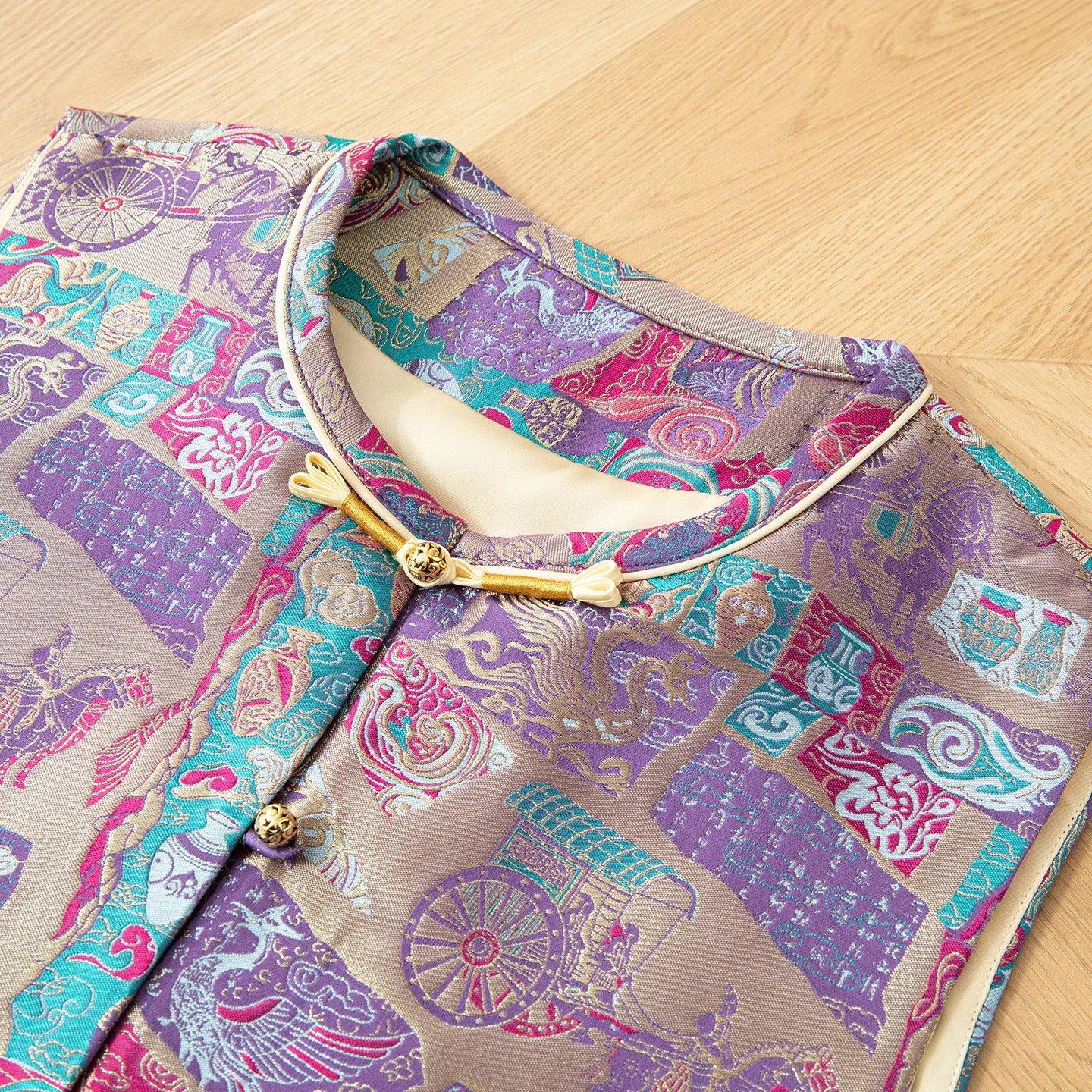 실크 탕 자수 조끼 라운드 넥 여성용 슬레 아우터웨어 전통 중국 패션 세계 여행 시리즈