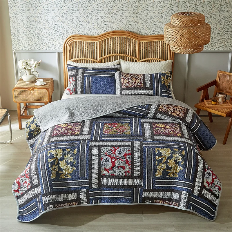 

3pcs Set Ultrasonic Wash Cotton Printed Pastoral Quilted Bedspread Soft Breathable Bedsheet with 2 pcs pillowcase