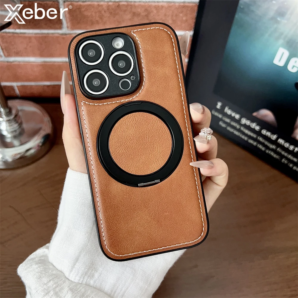 Für Magsafe Magnetische Luxus Leder Telefon Fall Für iPhone 17 16 15 14 Pro Max 11 12 13 17 Air plus Matte Ständer Halter Zurück Abdeckung
