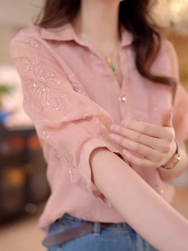 

Summer 2026 Loose Fit Korean Style Pink Shirt Turn-down Collar Design Casual Fashion Age-reducing Versatile Women's Top