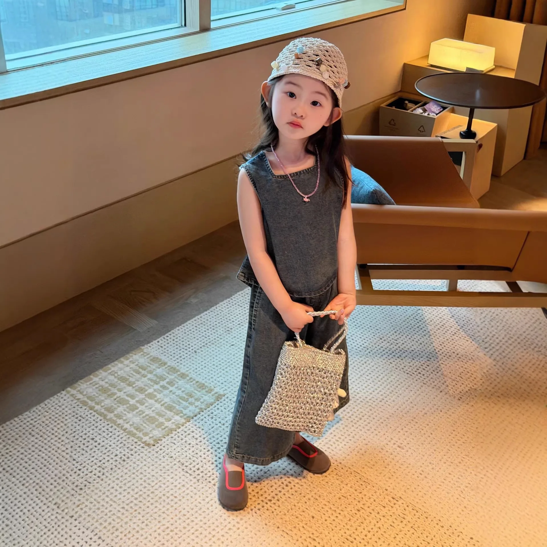 

2 Piece Set Summer Korean-style Baby Girl Fashion and Comfortable Sleeveless Kids Outwear Denim Suit 2026