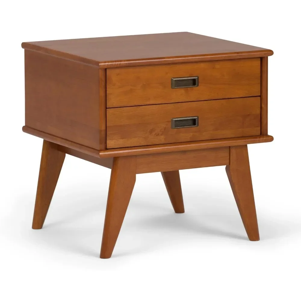 Solid Hardwood 22 Inch Wide Rectangle End Side Table in Teak Brown With Storage 2 Drawers Bedside Table for Bedroom Furniture