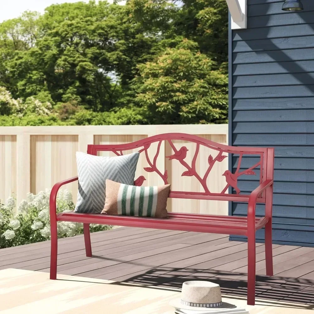 

Outdoor Patio Metal Park Bench Red, Steel Frame Bench with Backrest and Armrests for Porch, Backyard and Indoor Patio Benches