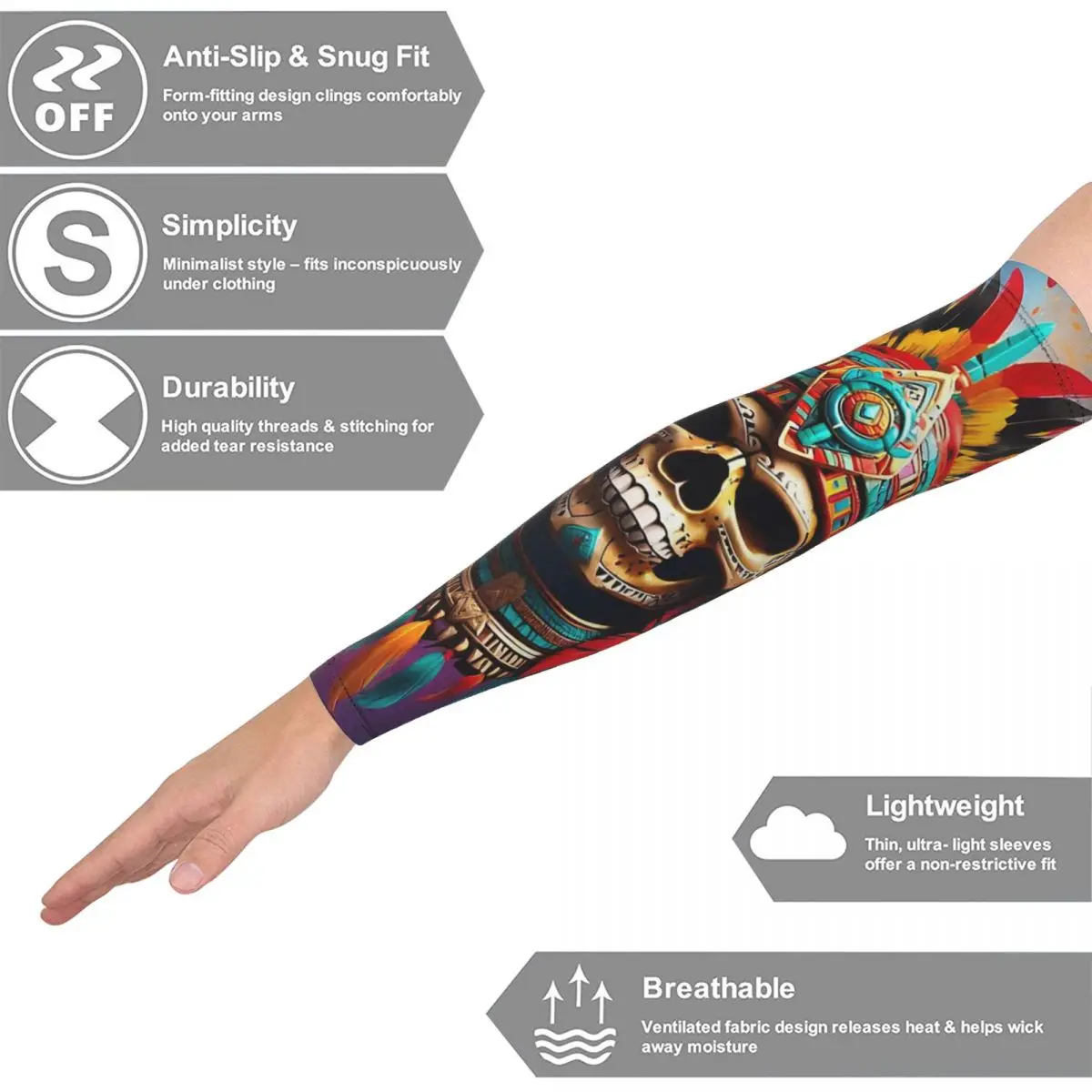 Aztec Skull7 أكمام أذرع تبريد خارجية من الشمس فوق البنفسجية غطاء حماية صيفي لركوب الدراجات وأكمام وشم