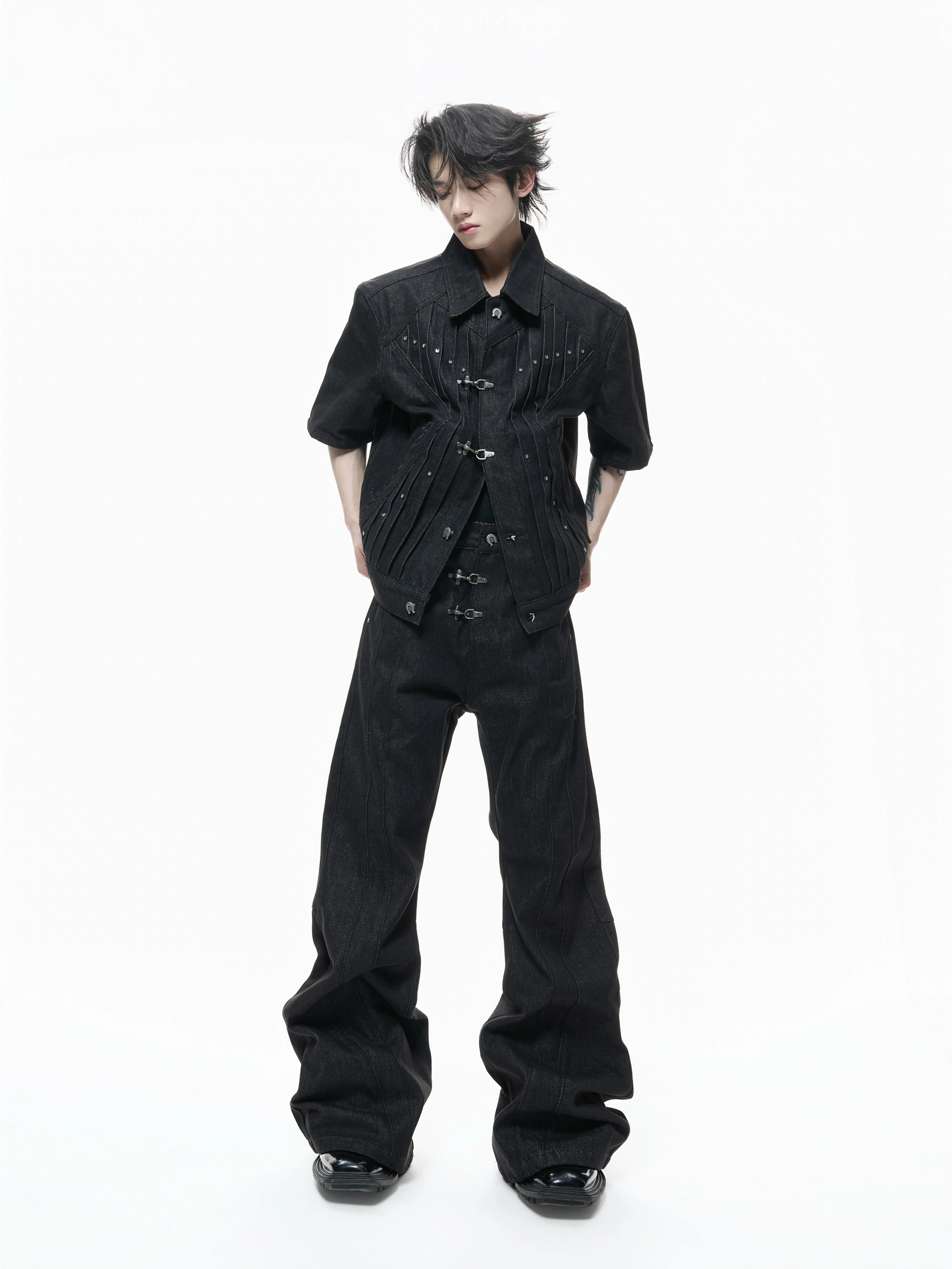 

ArguE Original Jeans Short Sleeve Denim Jacket with Pleats And Button Collar Matching Capri Jeans Youth Leisure Style