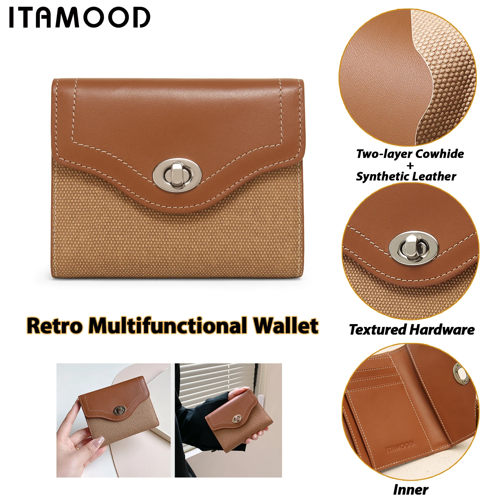 ITAMOOD Retro Women Cardholder 2024 Niche Original Designer Women's Wallet Hand-held Contrasting Color Splicing Short Clip Bag