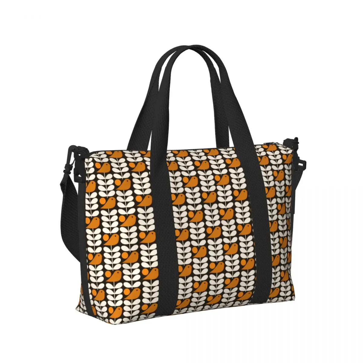 Custom Large Multistem Birds Black White Orange Tote Bag Women Orla Kiely Scandi Shopping Shoulder Gym Beach Travel Bag