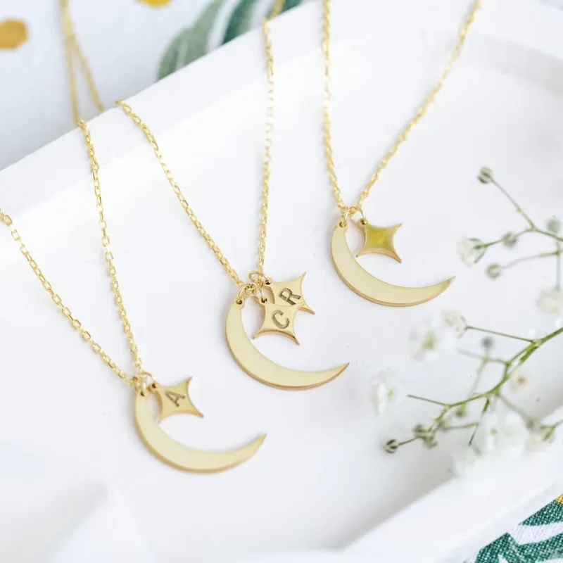الهلال القمر ستار قلادة مخصصة الأحرف الأولى القمر والنجمة قلادة، هدية لها، هدية عيد الميلاد، قلادة رسالة شخصية