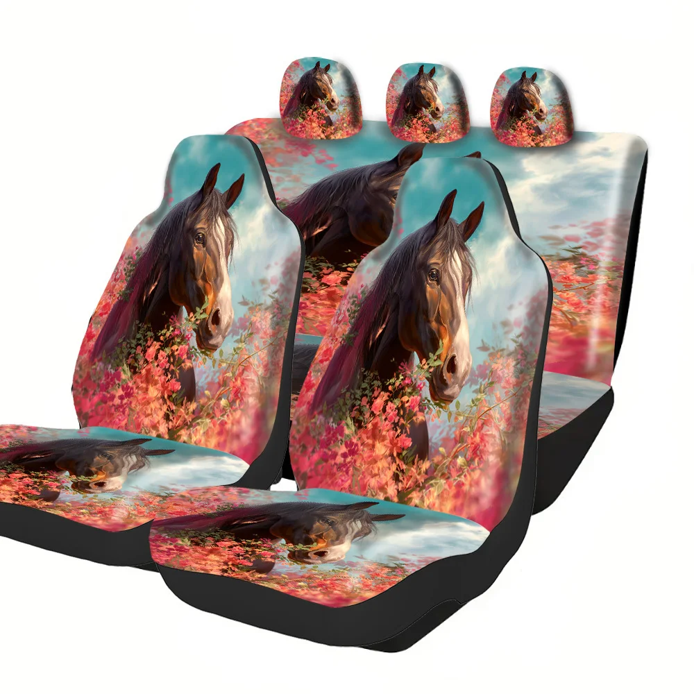 2-5 Seat Set Car Seat Covers, Majestic Horse Print With Floral Accents, Premium Polyester, Universal Fit For Truck SUV Off-Road
