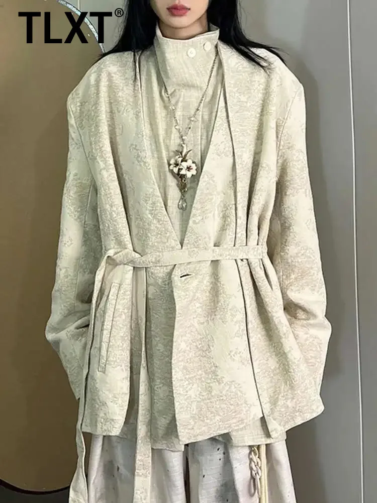 

TLXT Elegant Women's Jacquard Design Blazers V Neck Spliced Design Lace-up Gathered Waist Coats Female Jackets 2025 Summer New