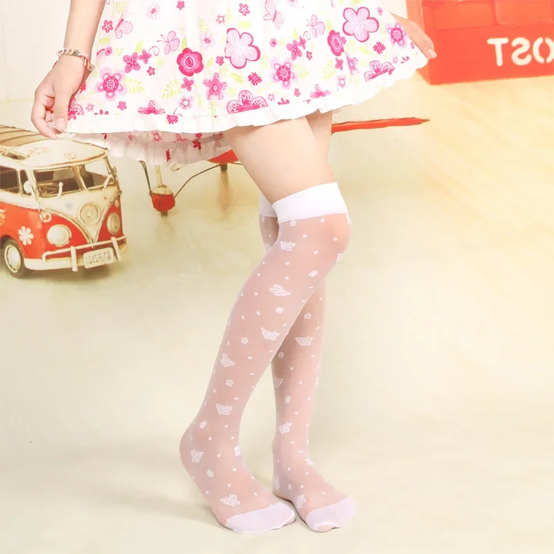 Spring Summer Mesh Silk Ultra-thin Knee High Long Socks Cute Children Girls White Cat Butterfly Print Dance Lolita JK Stockings