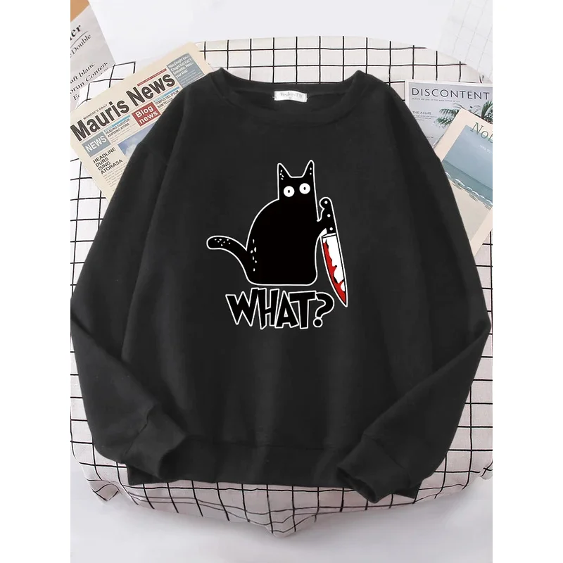 2024 kitchen knife black cat wh? Women sweatshirt Harajuku casual hoody fashion loose hoodie soft warm vintage fleece female to