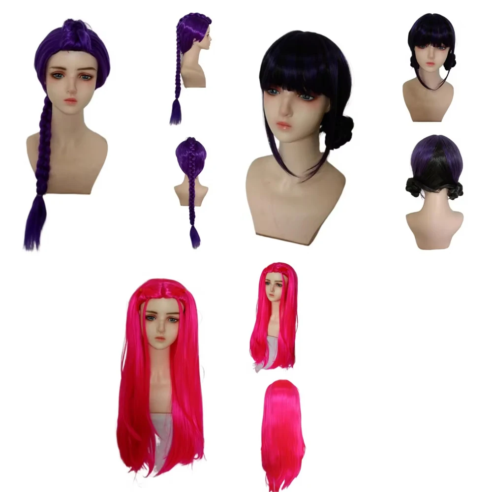 Anime Long Purple Braiding Hair Extension Ponytail Wig Cosplay Halloween Golden Costume Pink Black Bun Synthetic Wig Girl Kids
