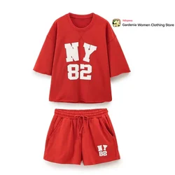 Preppy Style Women Red Loose Shorts Set Relaxtion 2-Piece Holiday Outfits Kpop Basic Top O-neck Half Sleeve Tee Female Hot Pants