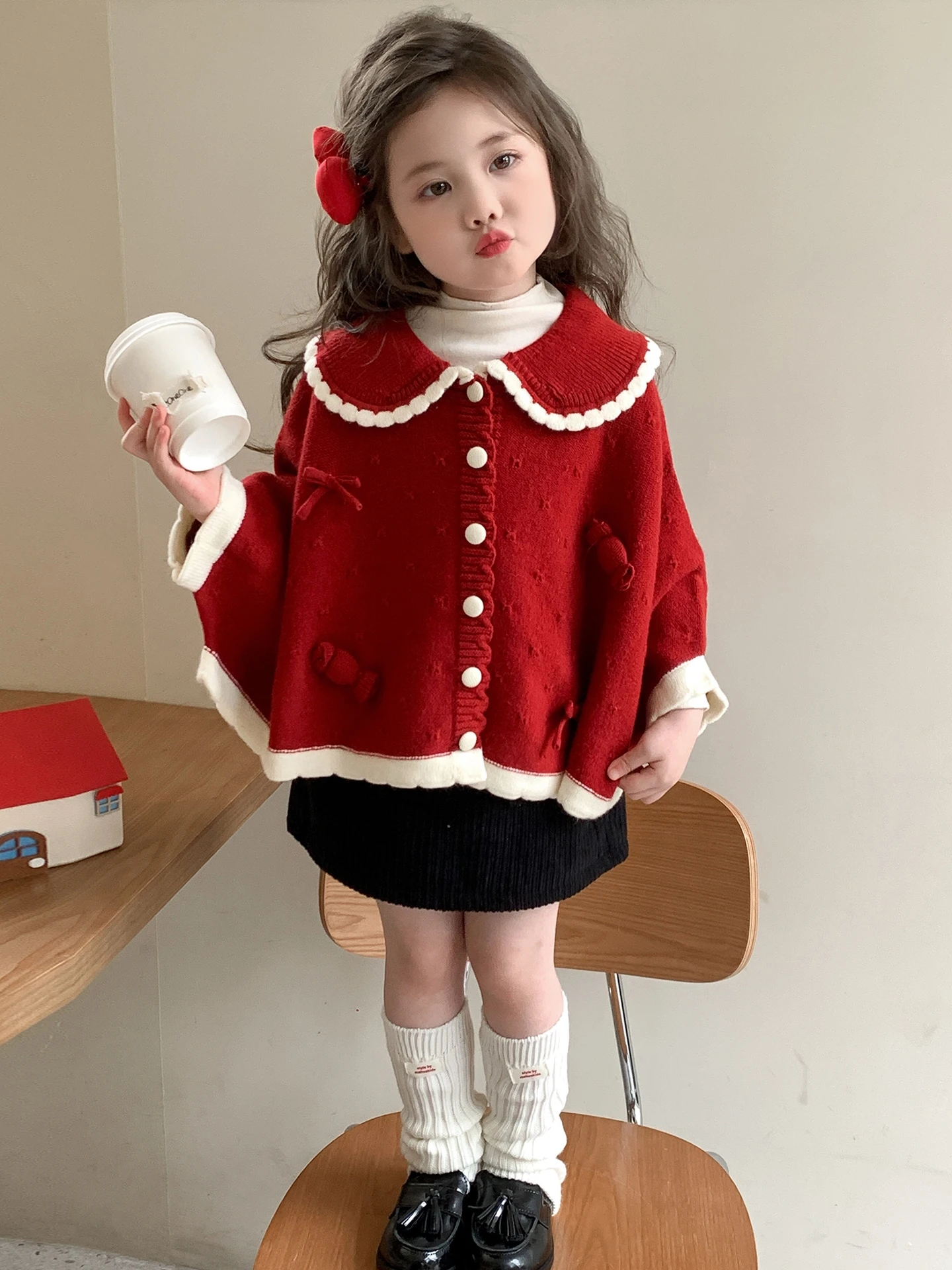 

Весенне-осенний длинный вязаный кардиган с кукольным воротником для девочек, повседневная теплая верхняя одежда из хлопка с летучей мышью све