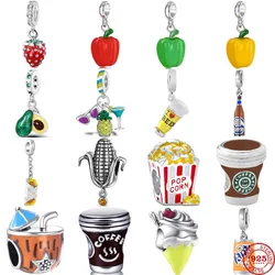 925 Sterling Silver Popcorn Coffee Strawberry Pepper Pendans Bead Diy Fit Original Pendant Charm Bracelet Necklace Women Jewelry
