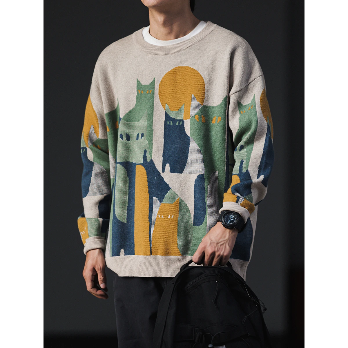 Autumn Winter Korean Streetwear Sweater Men Hip Hop Color Matching Crew Neck Pullovers Japanese Harajuku Knitwear Man Clothes