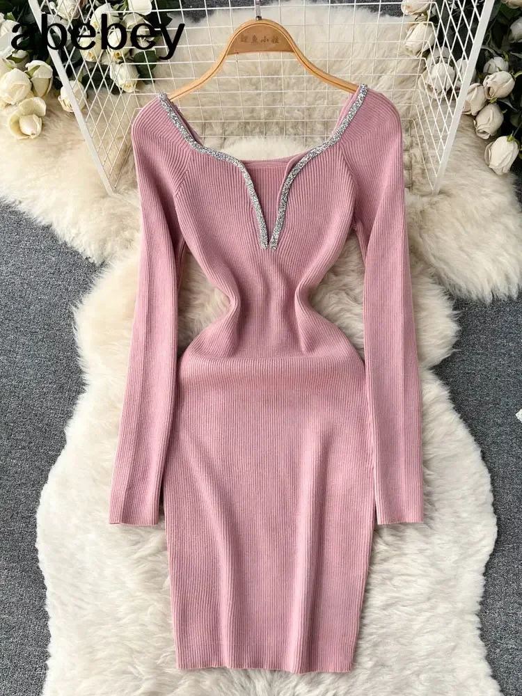 Retro Slim Bodycon ชุดถักอารมณ์แขนยาวยืดเสื้อกันหนาว bodycon สแควร์ผู้หญิงฤดูหนาวชุดสั้น