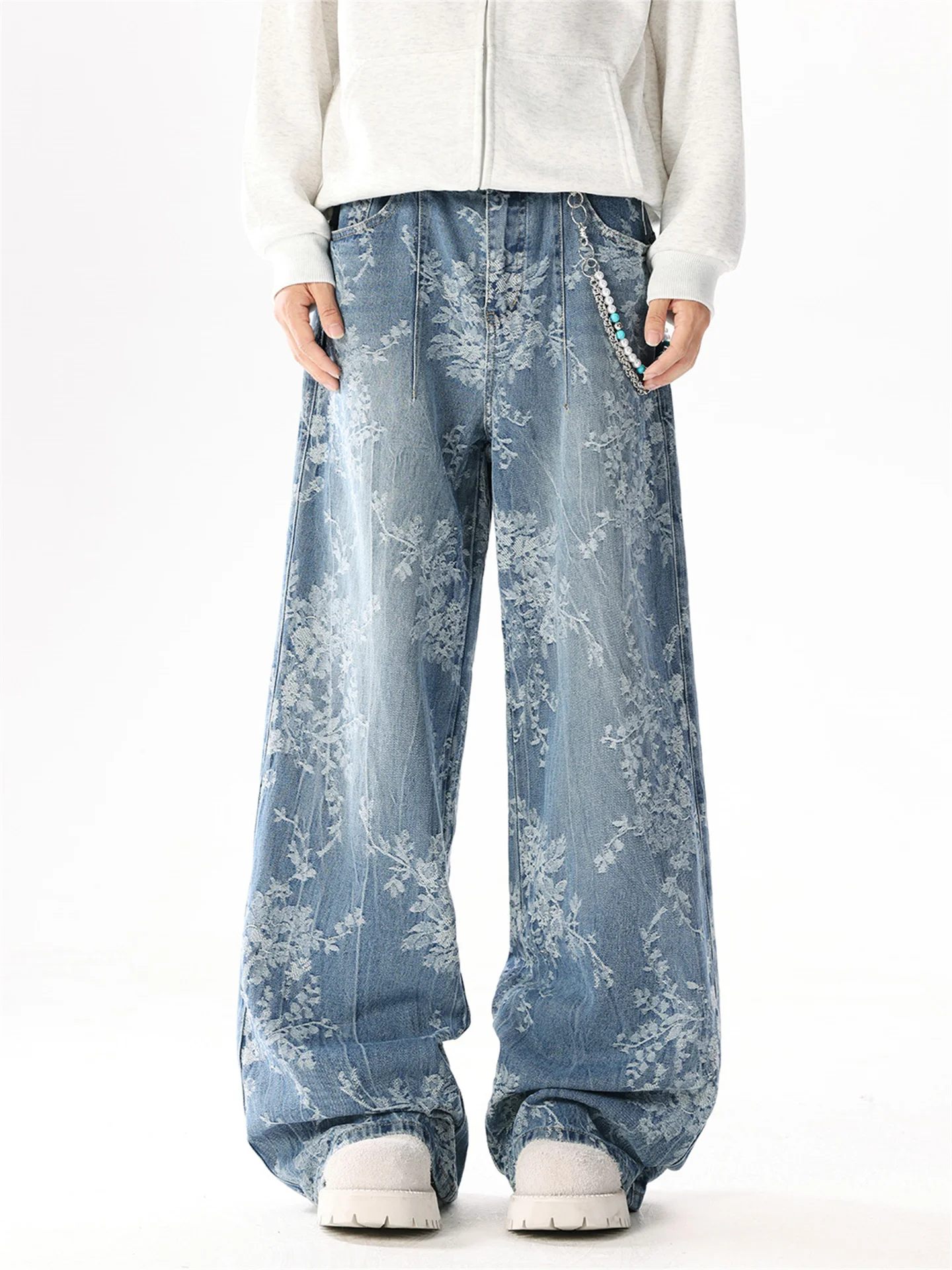 Women's Blue Baggy Y2k Jacquard Jeans Japanese 2000s Style Boyfriend Jean Pants Vintage Harajuku Oversize Denim Trousers Autumn