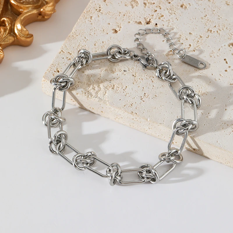 EILIECK 316L Edelstahl Metall Silberfarbenes geknotetes Ketten-Halsketten-Armband-Set für Frauen Neuer Trendschmuck Geschenk – Detail 13
