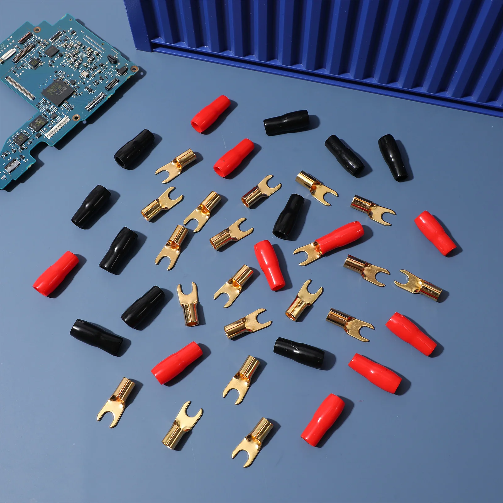 

10Pairs High Conductivity Connectors 8Ga Crimp Barrier Spades Gold Plated Copper for Speaker Wire Audio Terminal Red Black