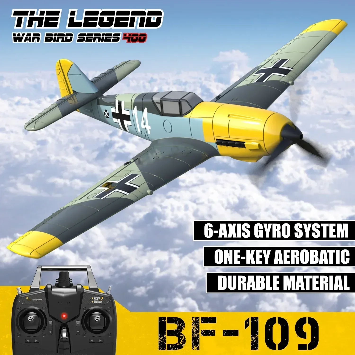 Volantexrc-Avion télécommandé pour adultes et enfants, Bf109, 2.4ghz, 4ch, envergure de 400mm, une clé, voltige U-Turn, modèle d'avion RC, jouet cadeau